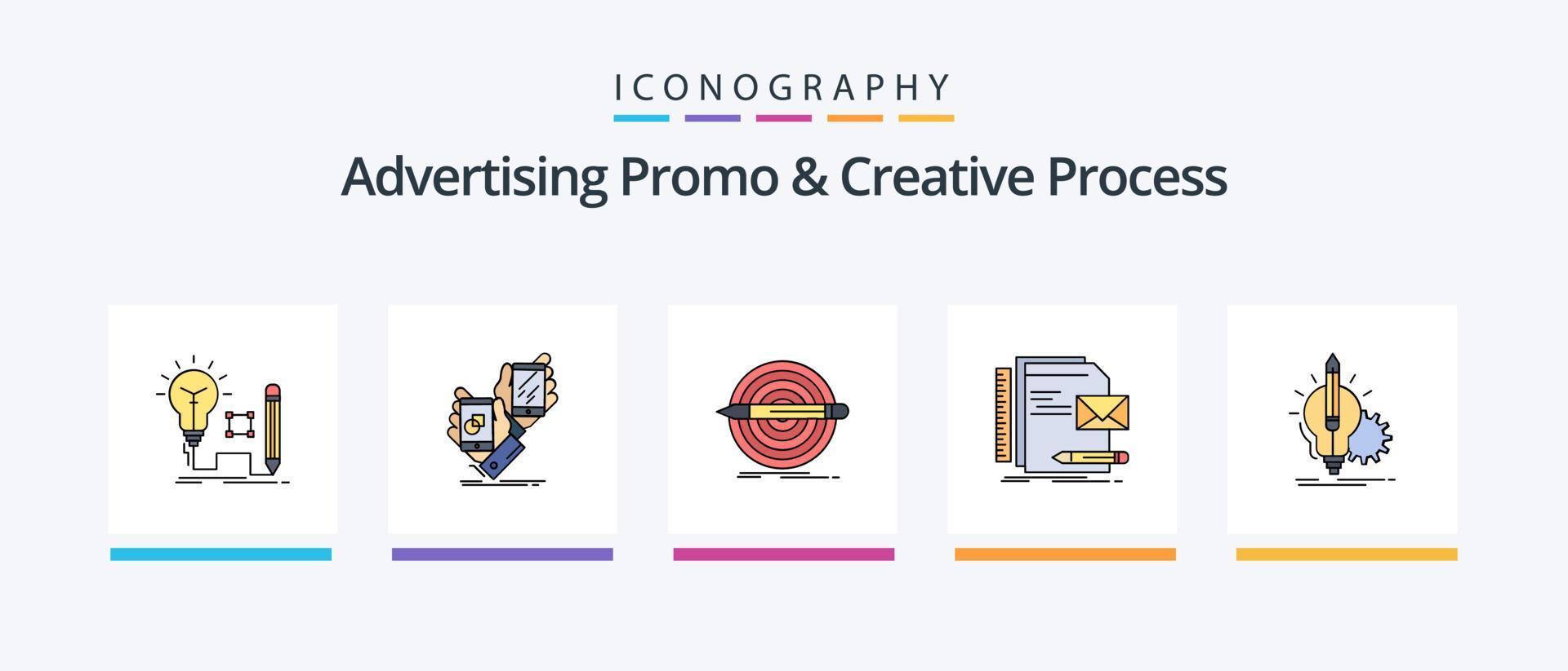 Advertising Promo And Creative Process Line Filled 5 Icon Pack Including data. business. target. studio. design. Creative Icons Design vector