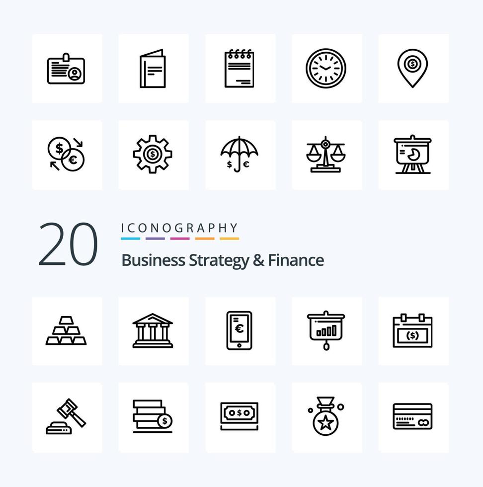 20 Business Strategy And Finance Line icon Pack like chart  shopping finance  euro  mobile vector