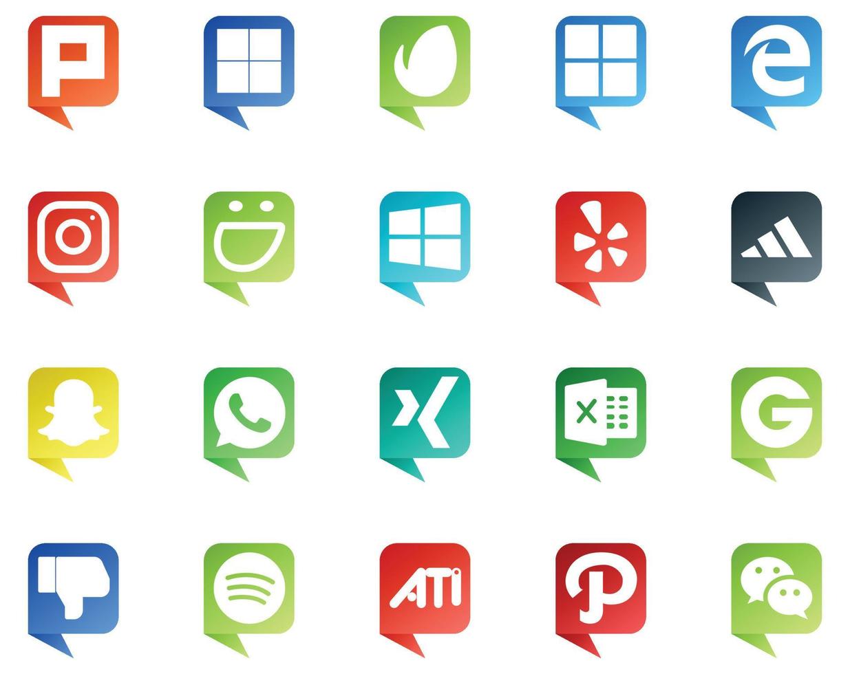 20 logotipos de estilo de burbujas de discurso de redes sociales como ati no me gusta yelp groupon xing vector