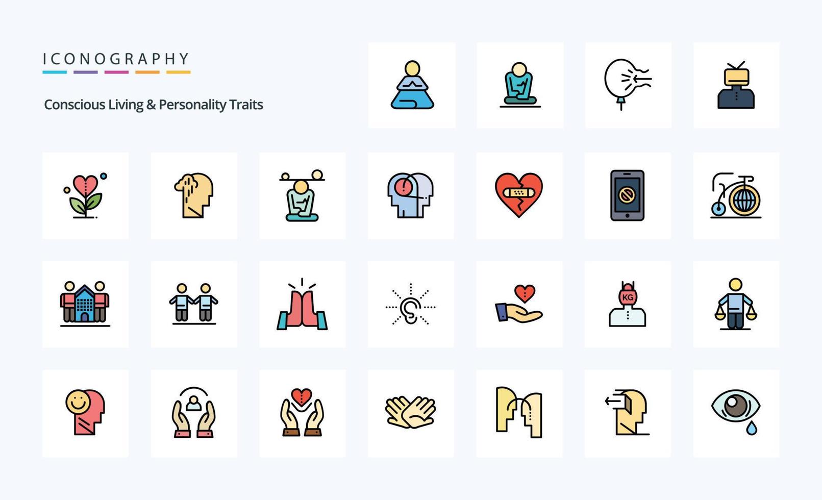 25 Concious Living And Personality Traits Line Filled Style icon pack vector