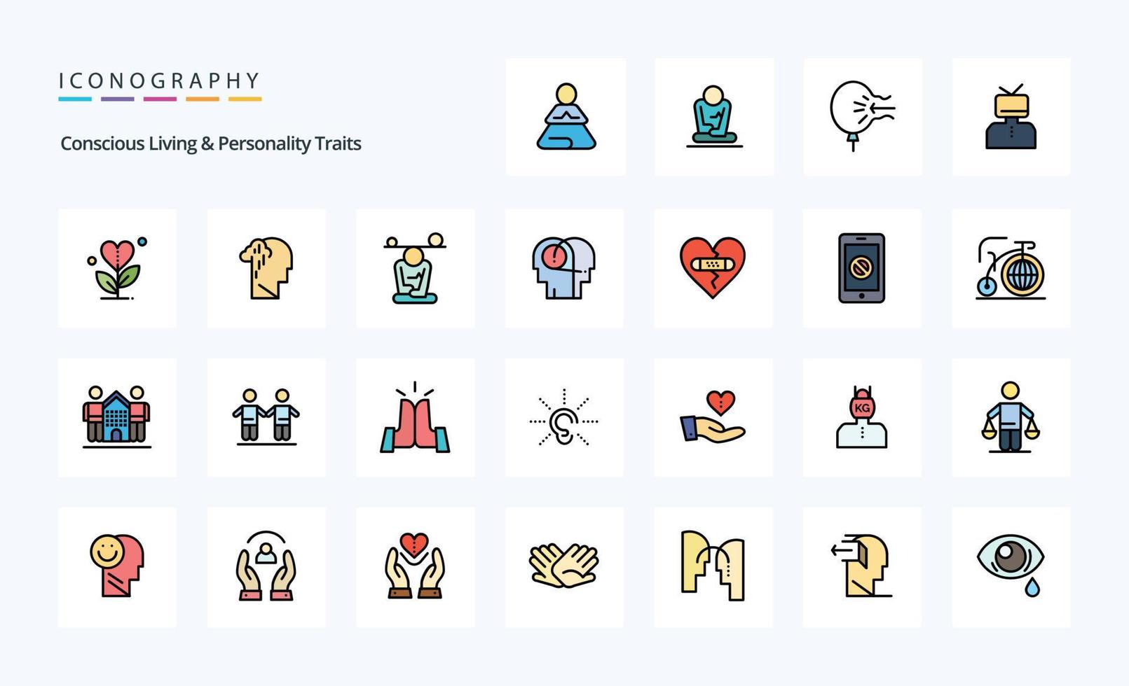 paquete de iconos de estilo lleno de línea de 25 rasgos de personalidad y vida consciente vector