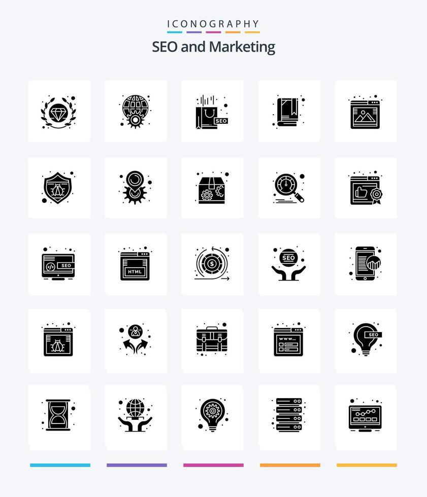 Creative Seo 25 Glyph Solid Black icon pack  Such As seo. gallery. complex. bookmark. book vector