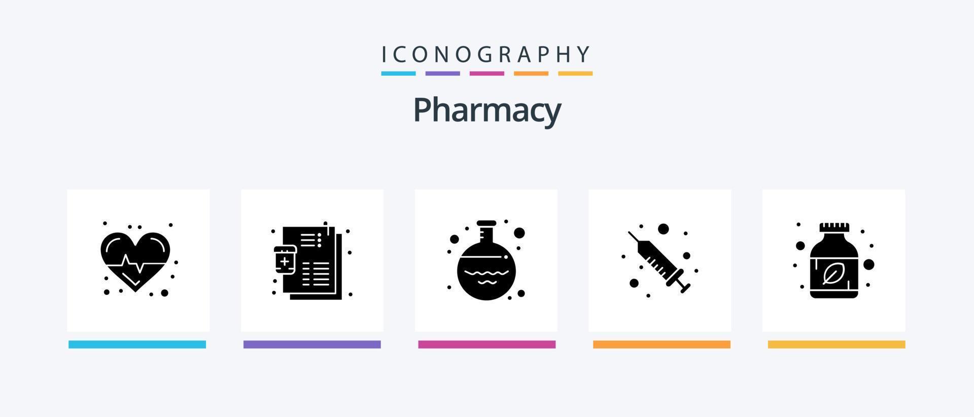 paquete de iconos de glifo 5 de farmacia que incluye hierbas. pastillas ayurvédicas. matraz. médico. inyección. diseño de iconos creativos vector