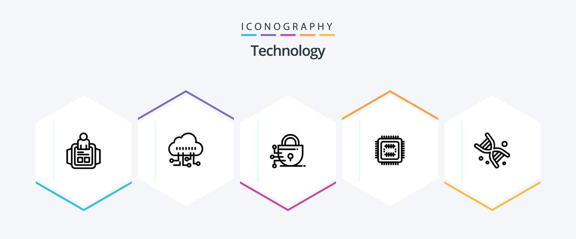 paquete de iconos de 25 líneas de tecnología que incluye tecnología. ADN cerrar con llave. biografía tecnología vector