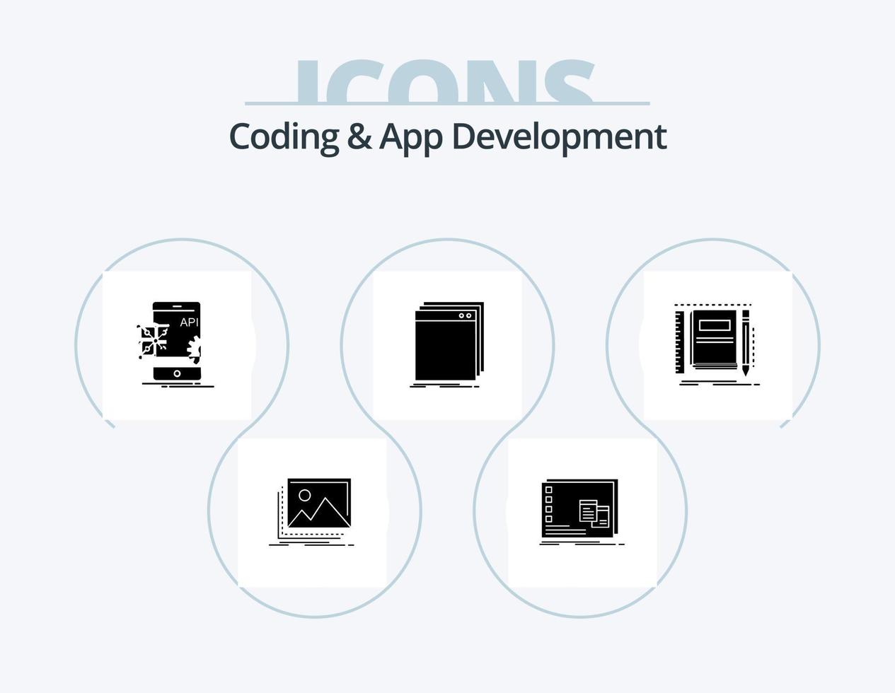 codificación y desarrollo de aplicaciones glyph icon pack 5 diseño de iconos. solicitud. software. so. móvil. codificación vector