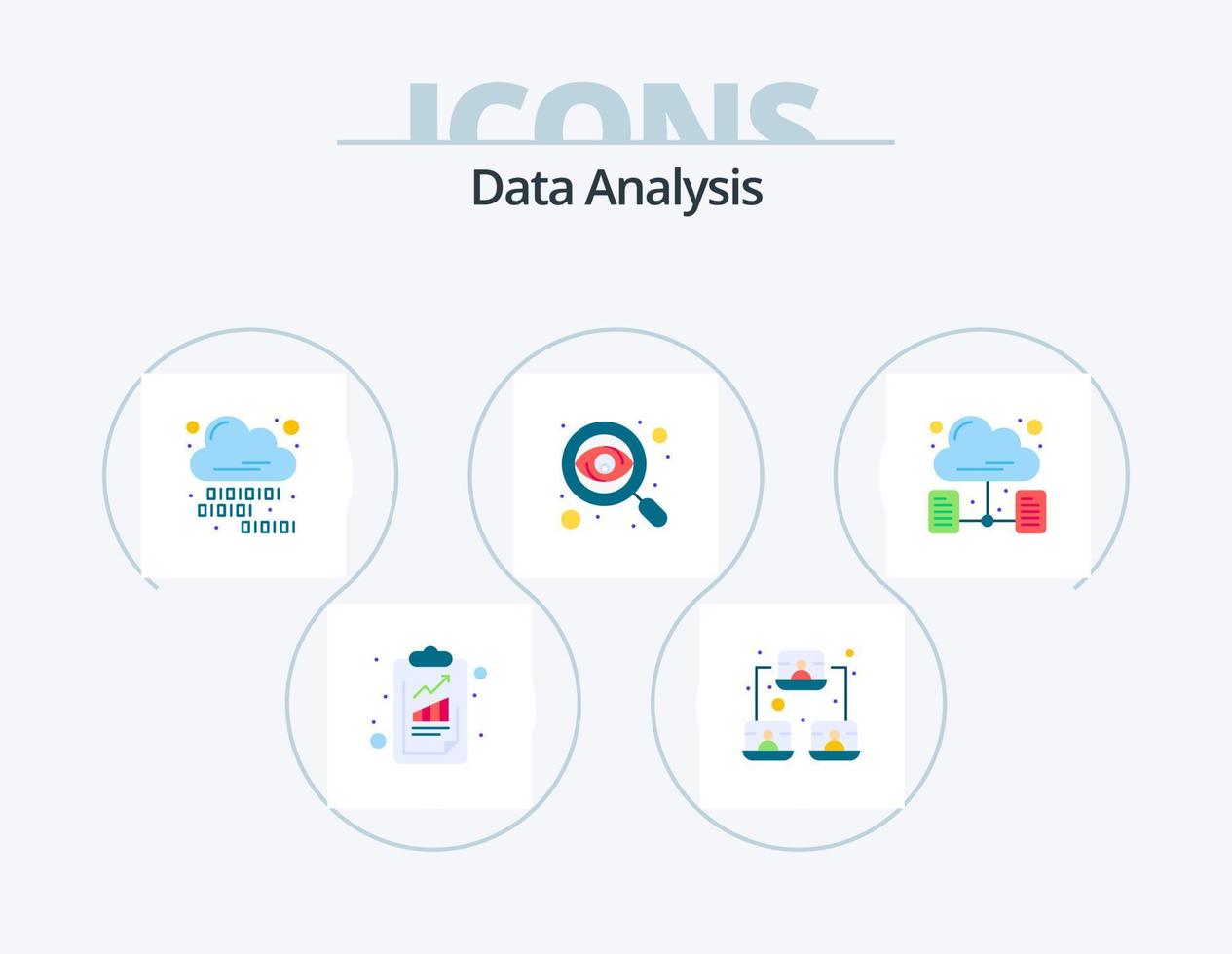 análisis de datos paquete de iconos planos 5 diseño de iconos. red en la nube. informe. codificación en la nube. supervisión. negocio vector