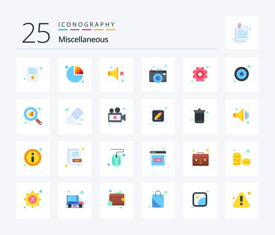 Miscellaneous 25 Flat Color icon pack including settings. no. picture. camera vector