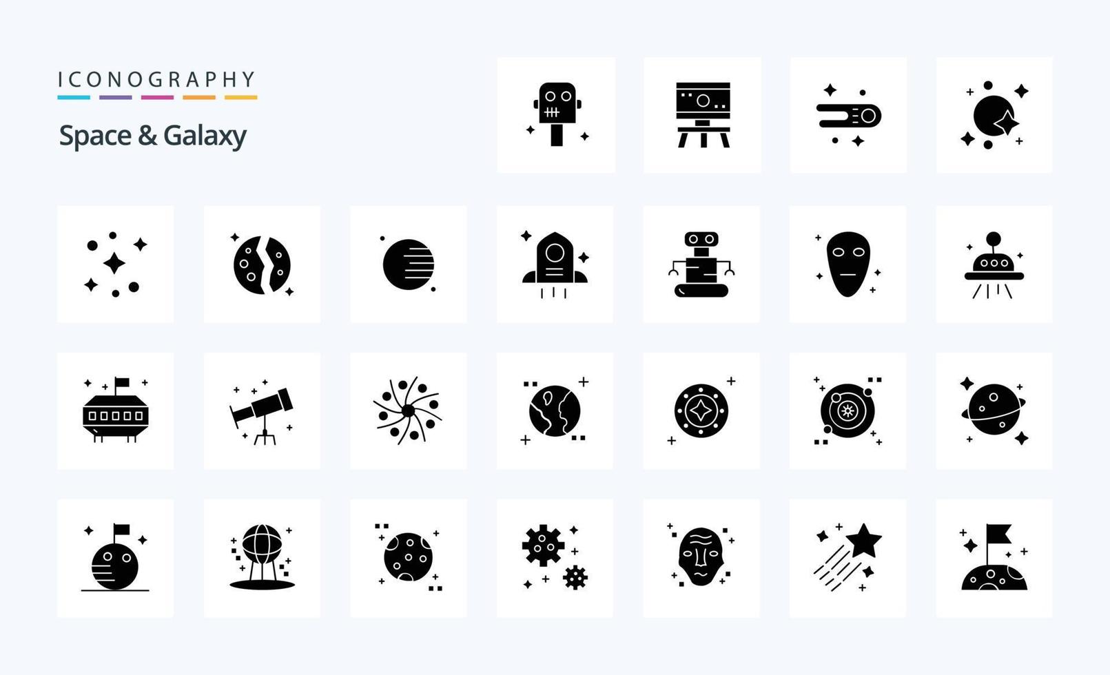 25 Space And Galaxy Solid Glyph icon pack vector