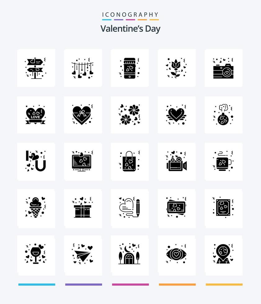 Creative Valentines Day 25 Glyph Solid Black icon pack  Such As heart badge. photography. love. love. rose vector