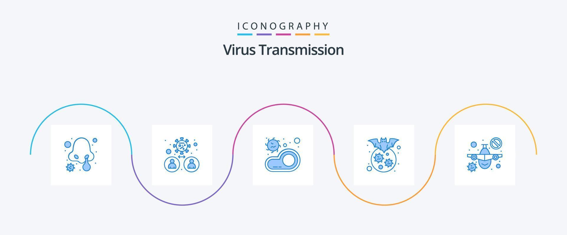 paquete de iconos azul 5 de transmisión de virus que incluye prohibición. virus. bacterias corona. murciélago vector