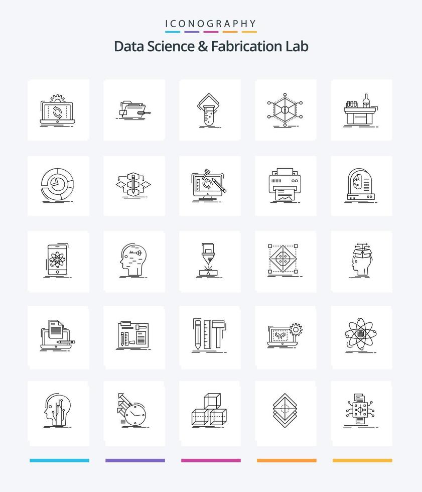 paquete de iconos de contorno de laboratorio de fabricación y ciencia de datos creativos 25, como información. datos. tecnología pruebas. estudiar vector