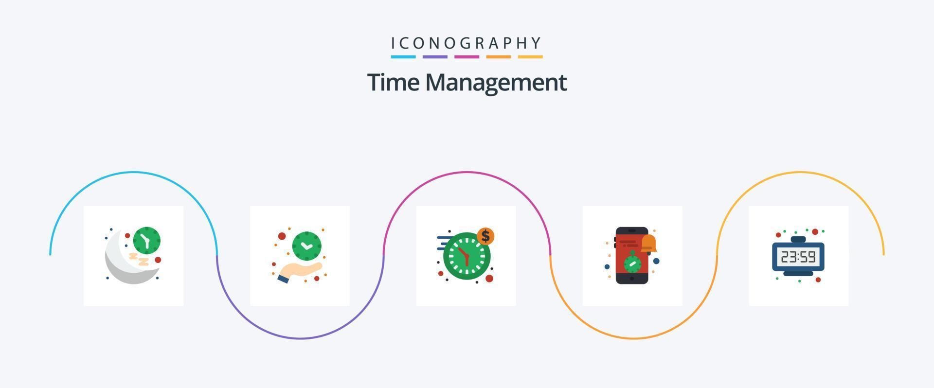 paquete de iconos flat 5 de gestión del tiempo que incluye reloj. notificación. tiempo. móvil. dinero vector