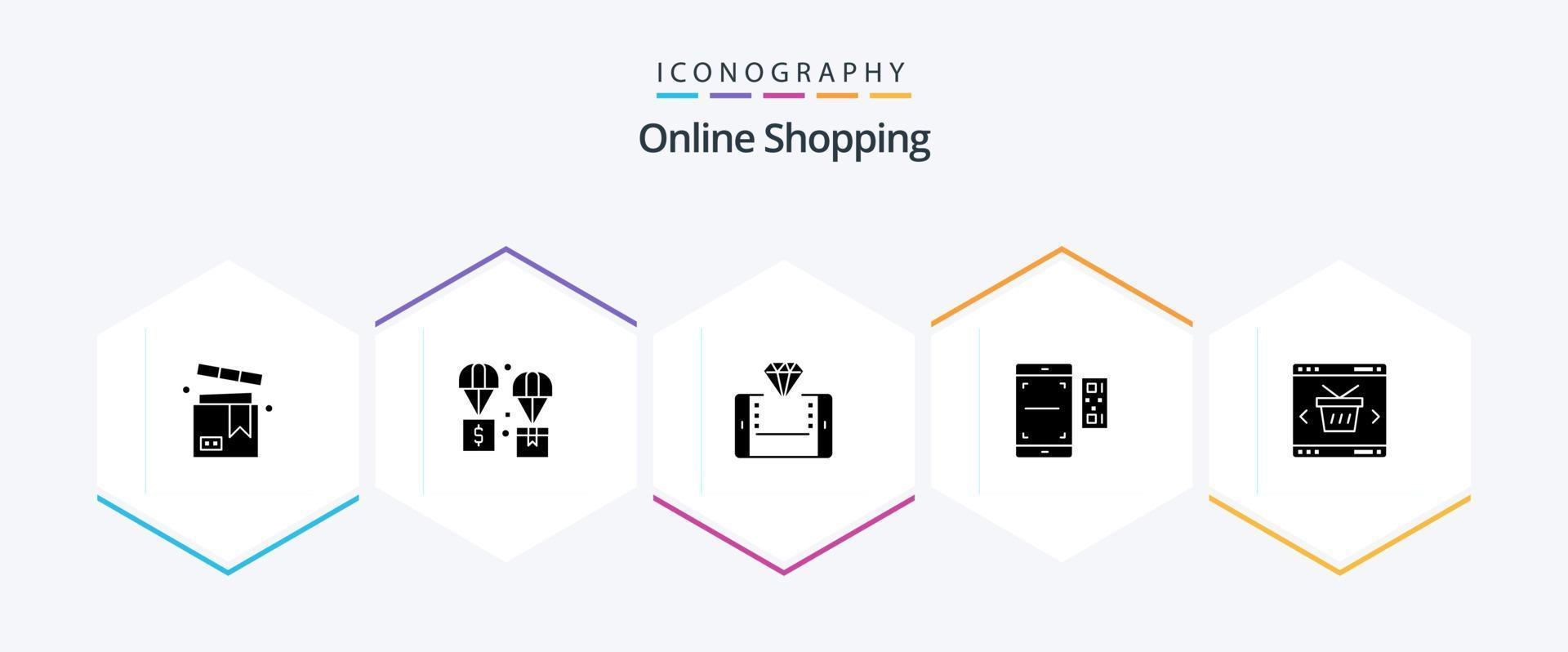 Online Shopping 25 Glyph icon pack including scan. code. logistic. smartphone. shop vector