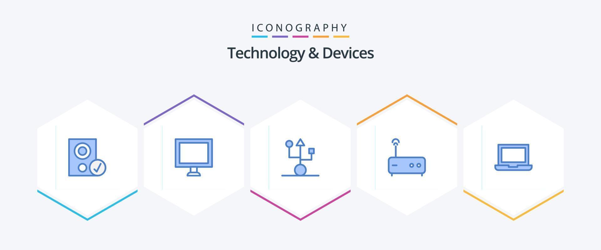 dispositivos 25 paquete de iconos azules que incluye computadora portátil. enrutador ordenadores. módem. tecnología vector