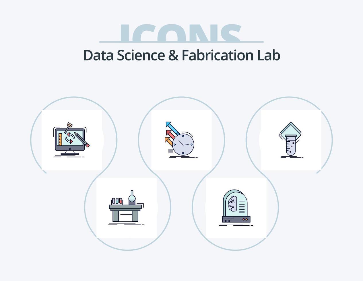 Data Science And Fabrication Lab Line Filled Icon Pack 5 Icon Design. electronics. blueprint. model. testing. study vector