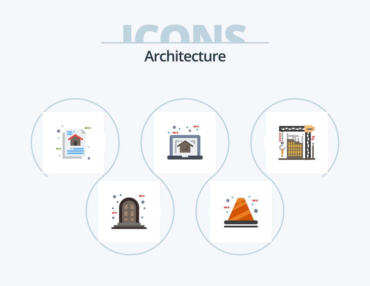 paquete de iconos planos de arquitectura 5 diseño de iconos. bienes. computadora portátil. arquitectura. casa. algoritmo de programa vector