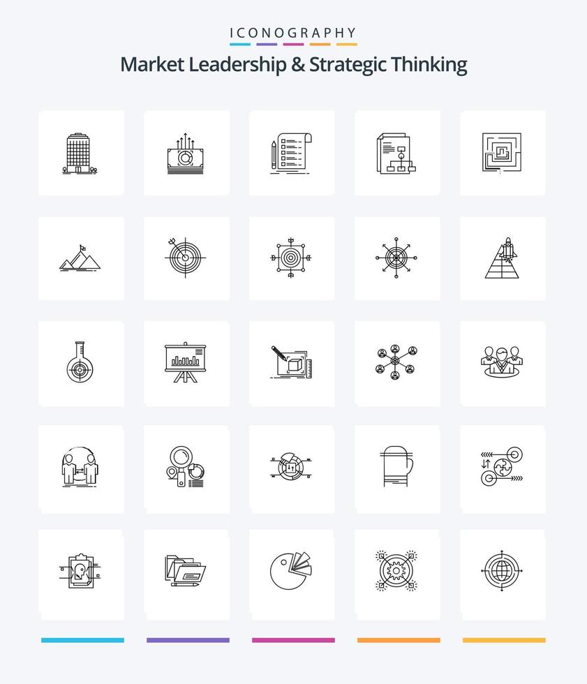 Liderazgo de mercado creativo y pensamiento estratégico 25 paquete de iconos de esquema como negocios. factura. archivo. grafico. Lista de Verificación vector