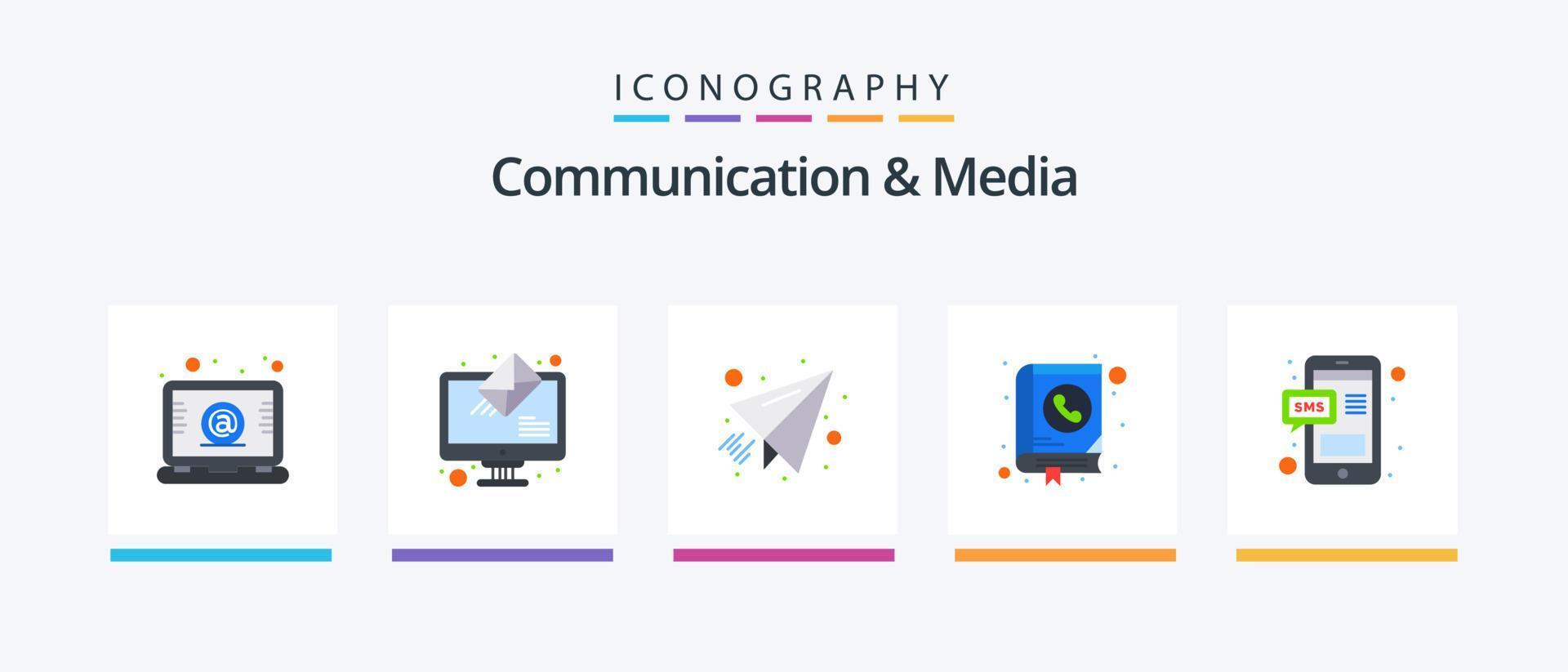 Communication And Media Flat 5 Icon Pack Including message. call. mail. contact. address. Creative Icons Design vector