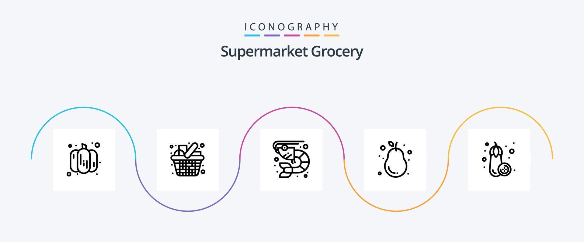 paquete de iconos de la línea 5 de comestibles que incluye berenjena. pera. pez. guayaba. palta vector