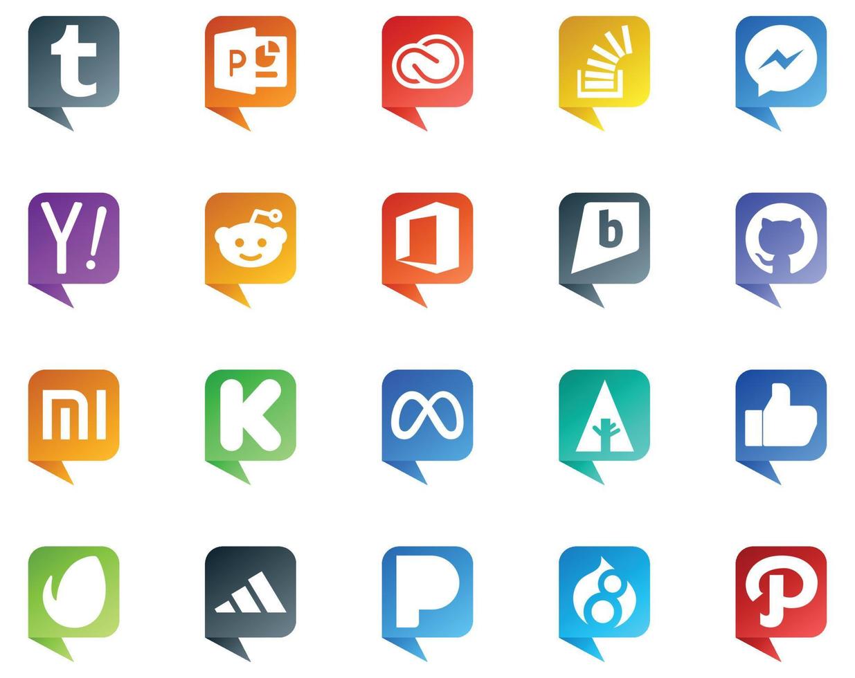 20 logotipos de estilo de burbujas de discurso de redes sociales como kickstarter github overflow brightkite reddit vector