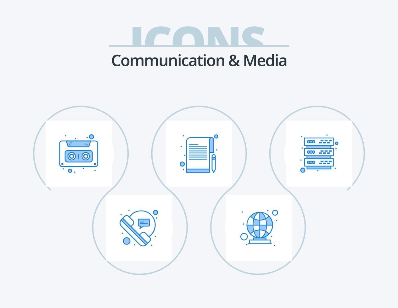 Communication And Media Blue Icon Pack 5 Icon Design. database. writer. people. notes. tape vector