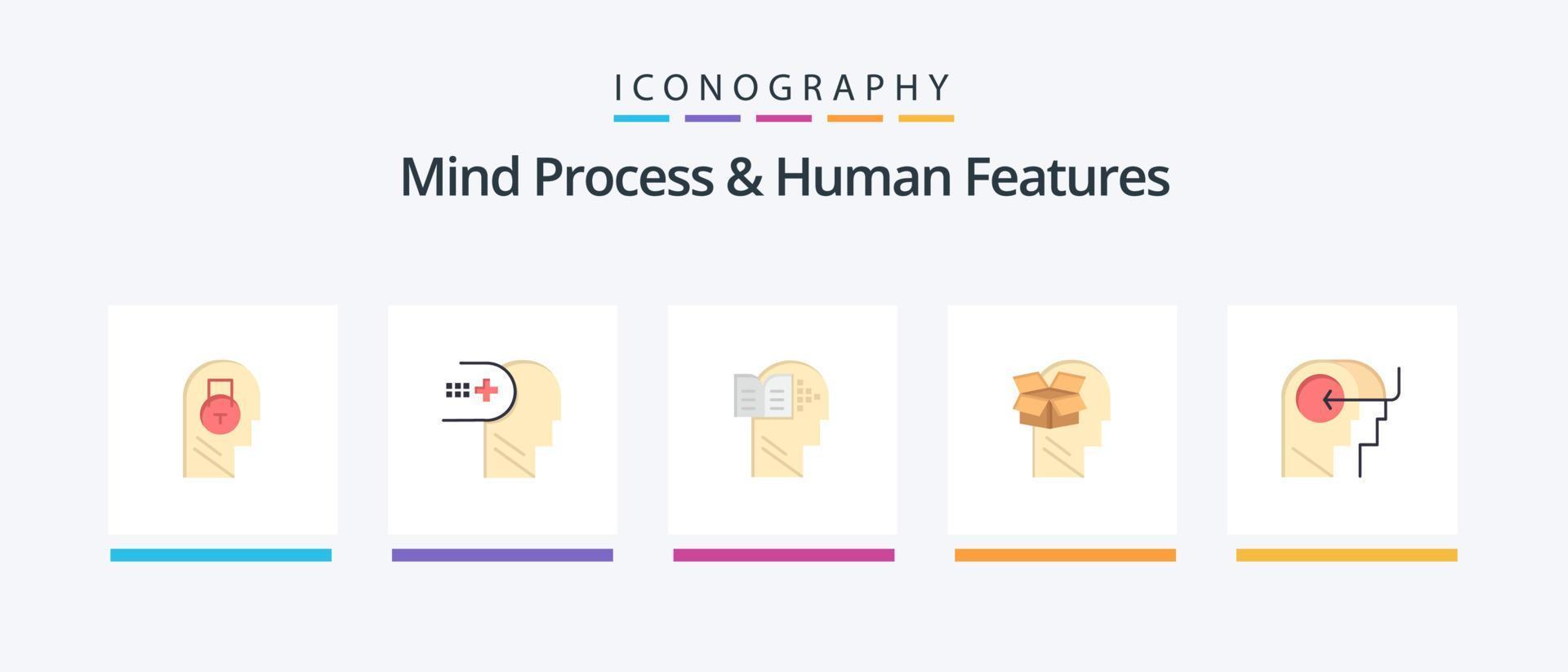 Mind Process And Human Features Flat 5 Icon Pack Including male. data. mind. unbox. mind. Creative Icons Design vector