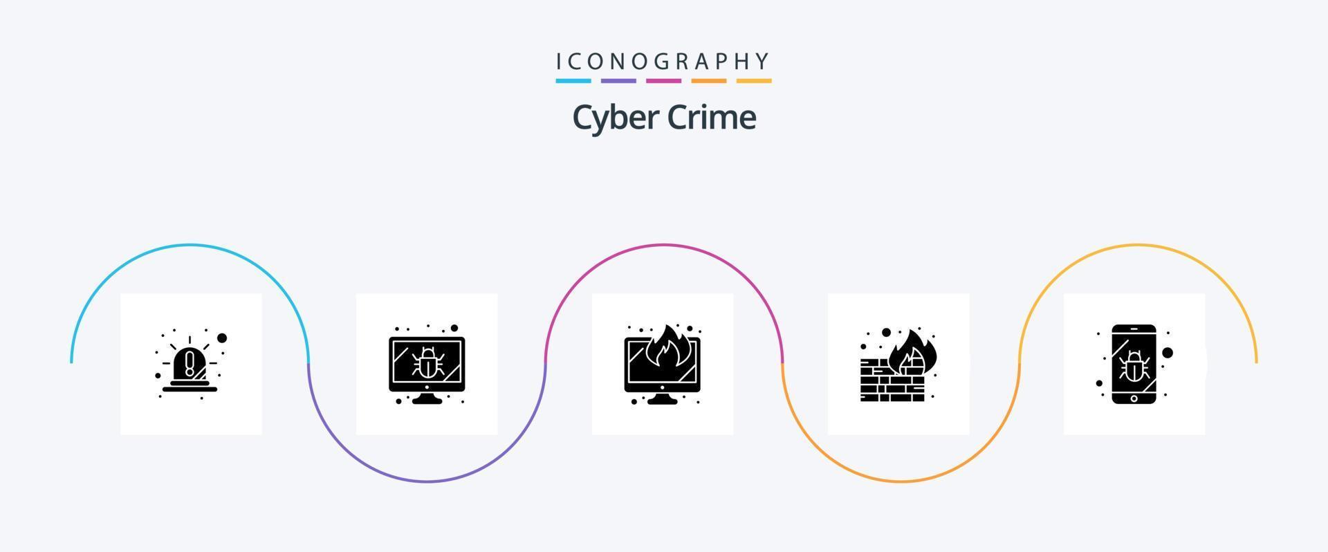 Cyber Crime Glyph 5 Icon Pack Including bug. security. security. firewall. data vector