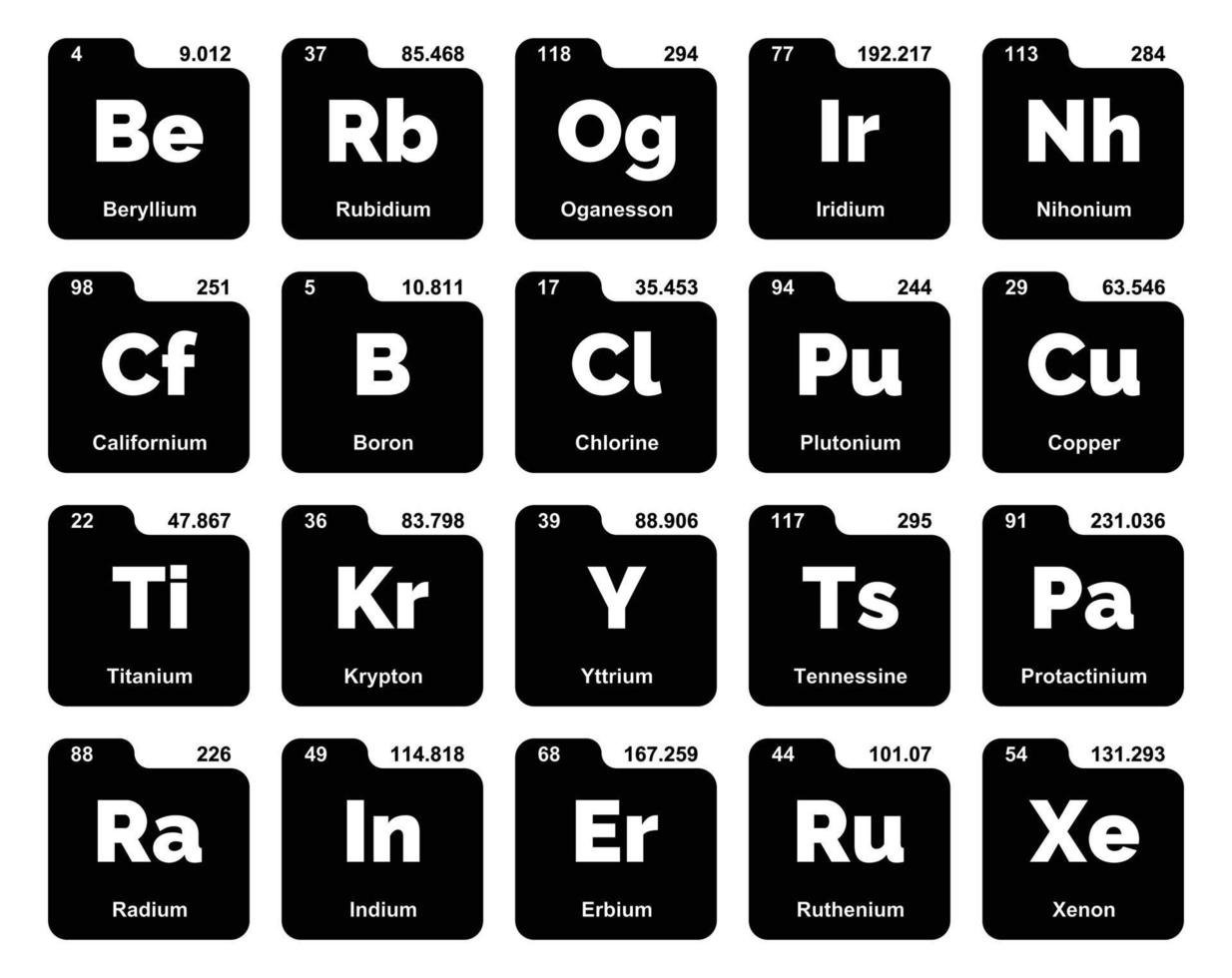 diseño de paquete de iconos de 20 tablas preiodicas de los elementos vector