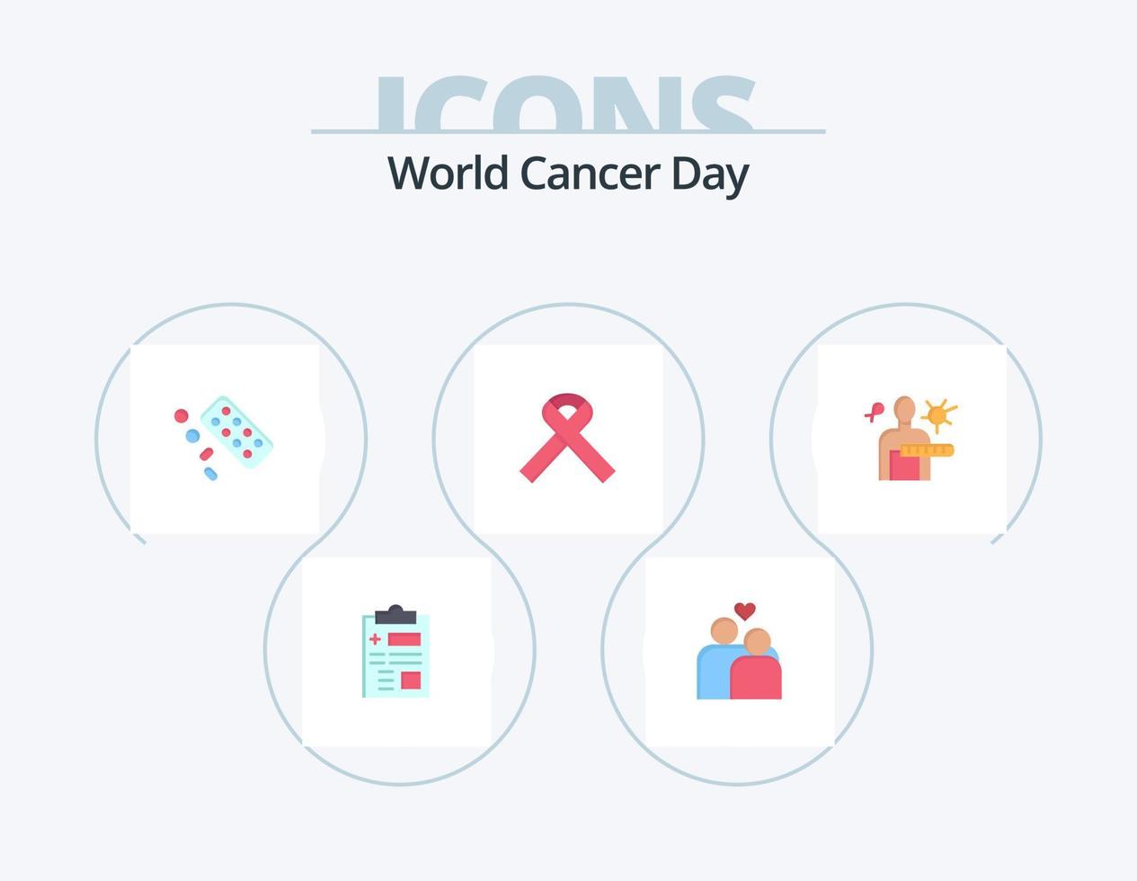paquete de iconos planos del día mundial del cáncer 5 diseño de iconos. tratamiento. píldora. amar. medicamento. cáncer vector