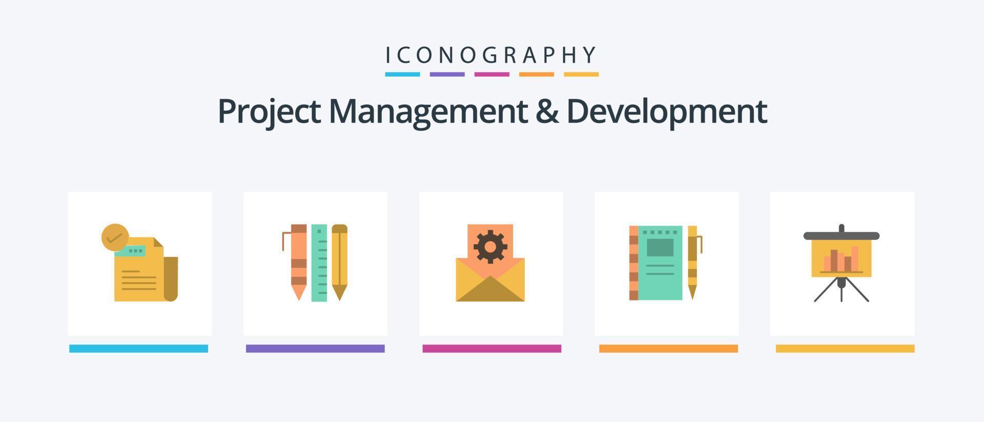 Project Management And Development Flat 5 Icon Pack Including notebook. sketch notebook . stationary. integration. data integration. Creative Icons Design vector