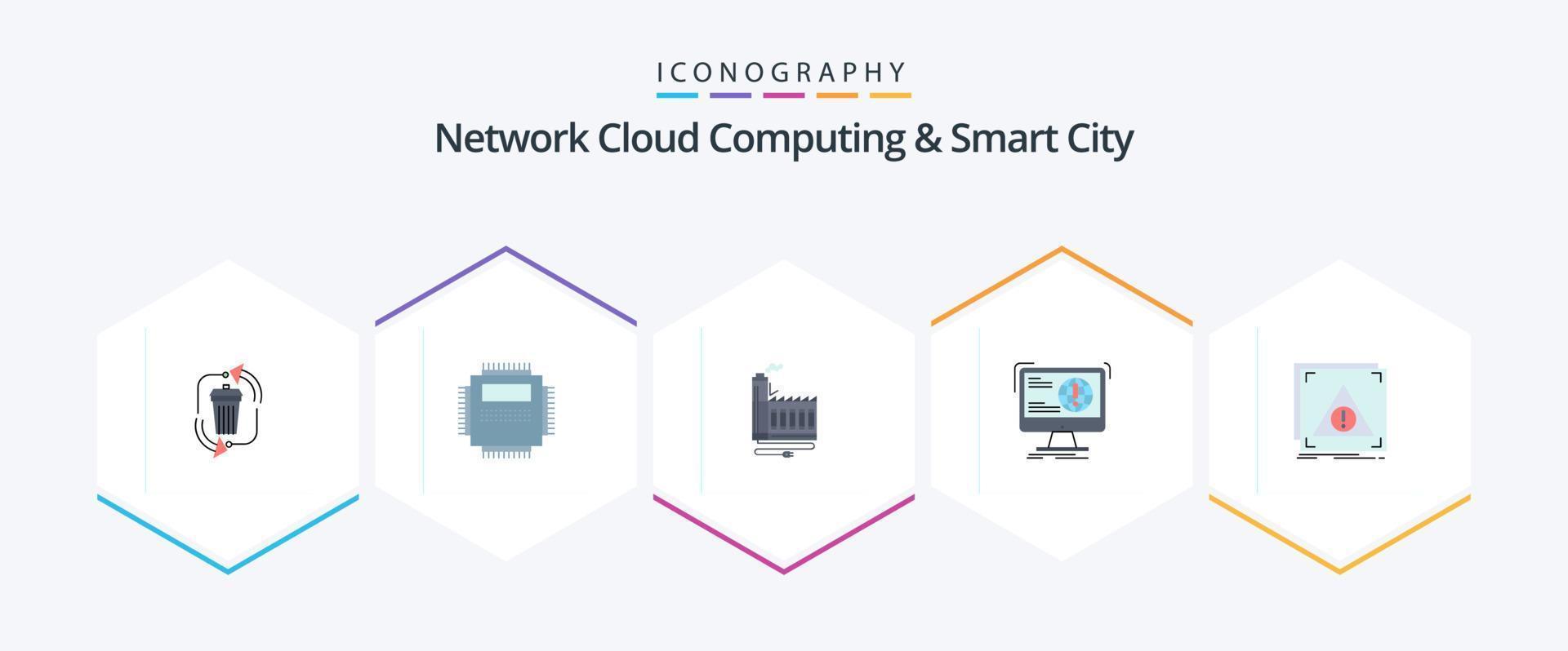 Network Cloud Computing And Smart City 25 Flat icon pack including information. manufacturing. computer. factory. resource vector