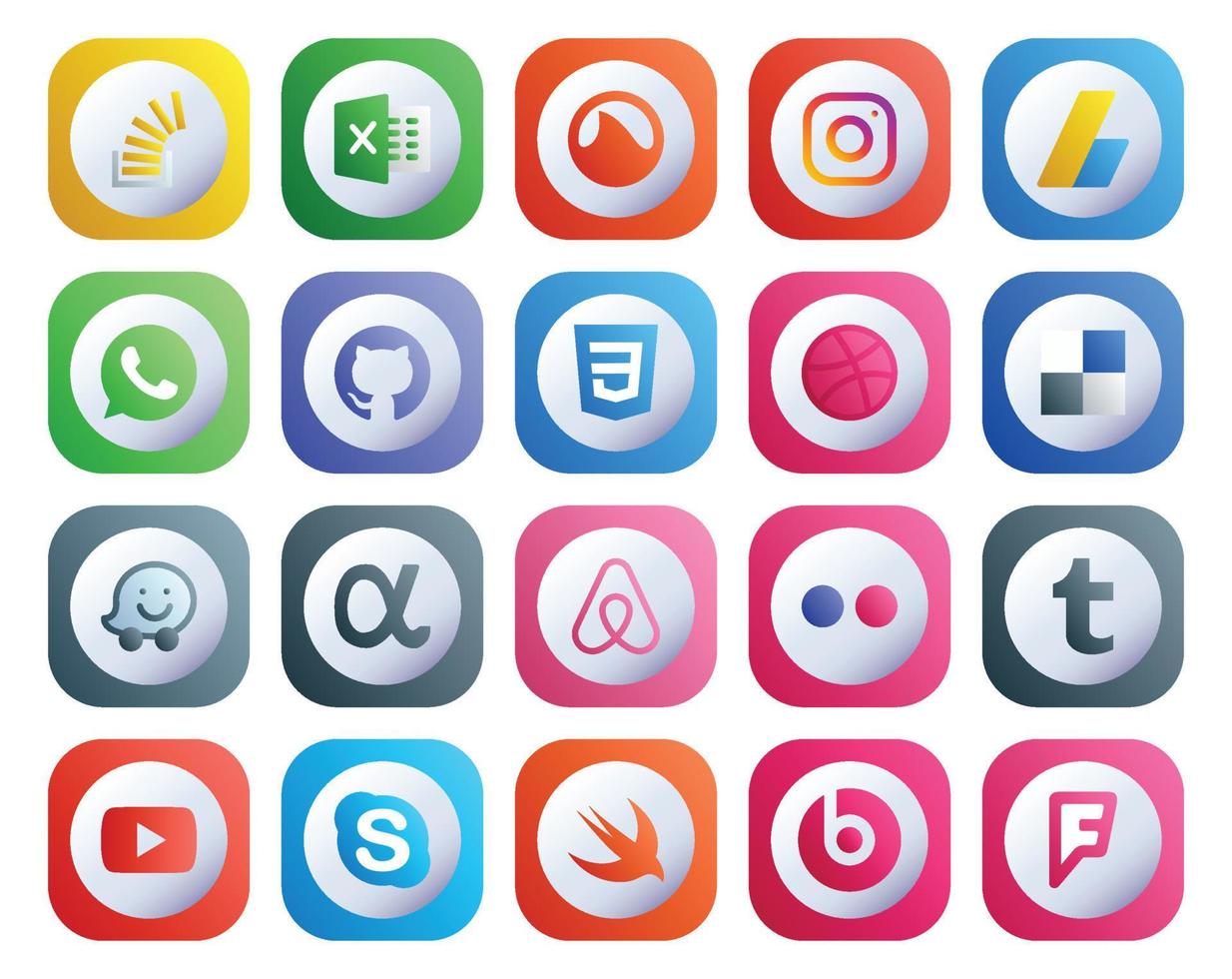 Paquete de 20 íconos de redes sociales que incluye anuncios de red de la aplicación Flickr Waze Dribbble vector