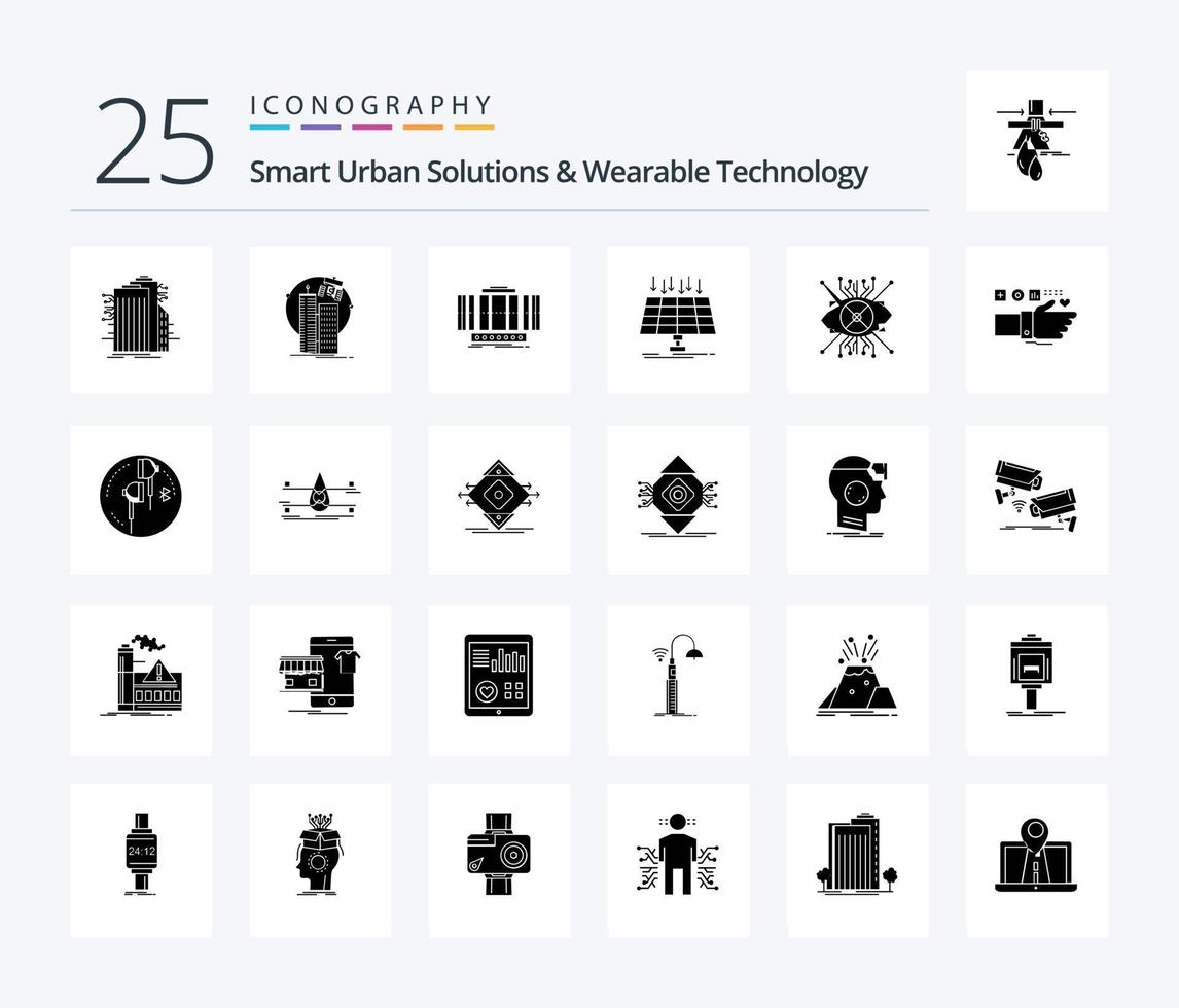 Smart Urban Solutions And Wearable Technology 25 Solid Glyph icon pack including energy. solar. satellite. technology. axis vector