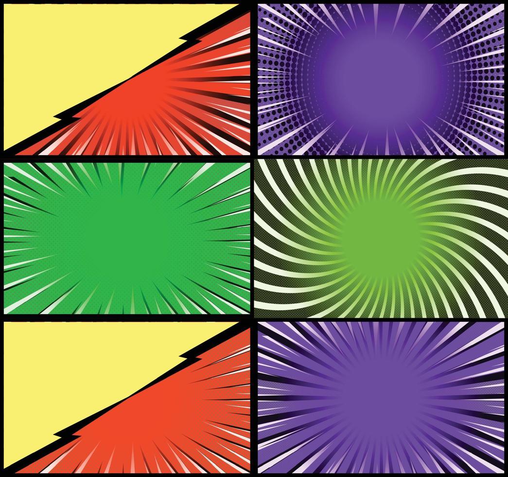 Comic book colorful frames background with halftone rays radial and dotted effects pop art style vector
