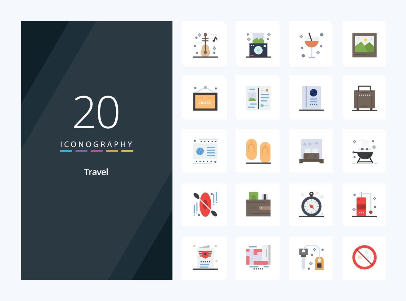 20 icono de color plano de viaje para presentación vector