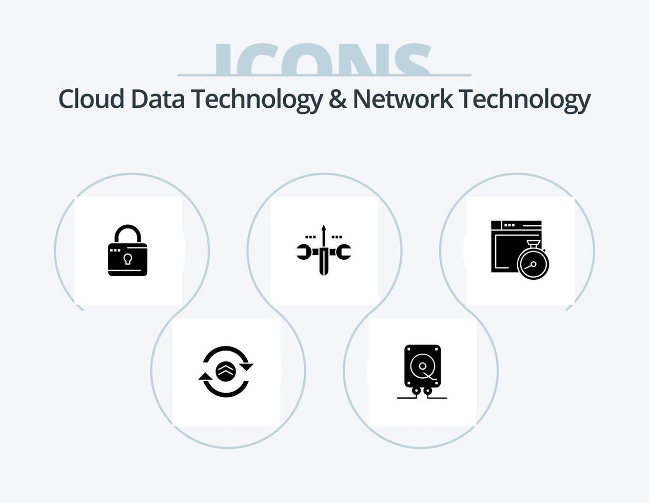 Cloud Data Technology And Network Technology Glyph Icon Pack 5 Icon Design. brower. toolings. louck . screwdriver. cloud vector