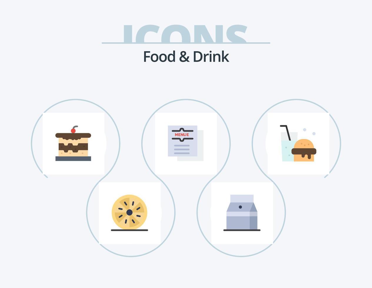 paquete de iconos planos de comida y bebida 5 diseño de iconos. alimento. cafetería. jugo. pastel vector