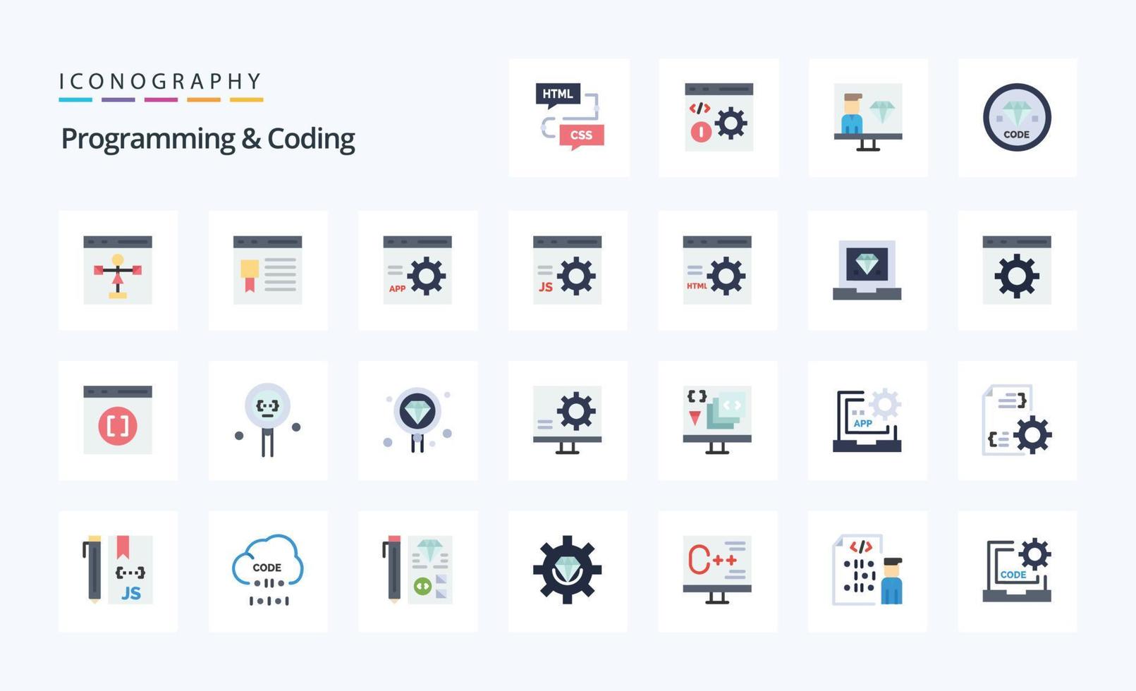 25 paquete de iconos de color plano de programación y codificación vector