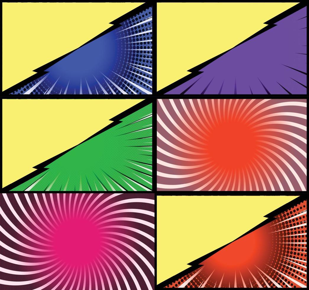 Comic book colorful frames background with halftone rays radial and dotted effects pop art style vector