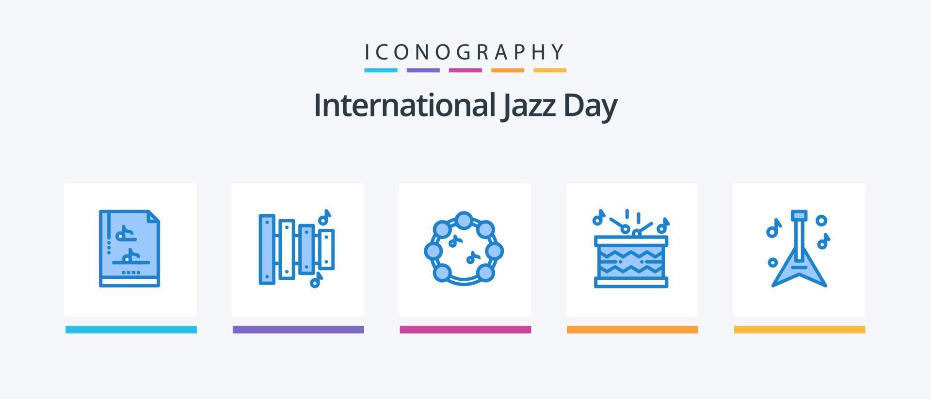 paquete de iconos azul 5 del día internacional del jazz que incluye. música. virtuoso. instrumento. palos diseño de iconos creativos vector