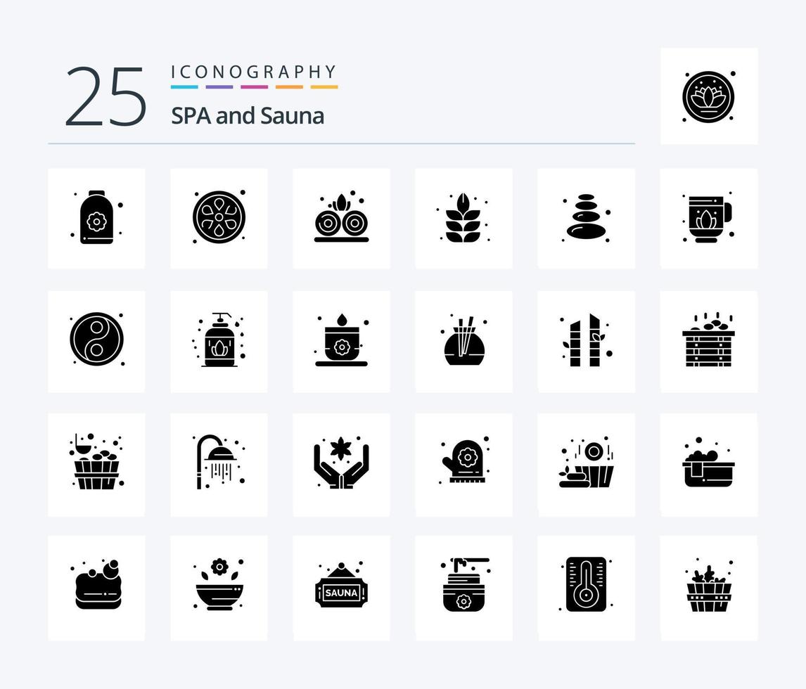 Sauna 25 paquete de iconos de glifo sólido que incluye bola. loto. naturaleza. sauna. piedra vector