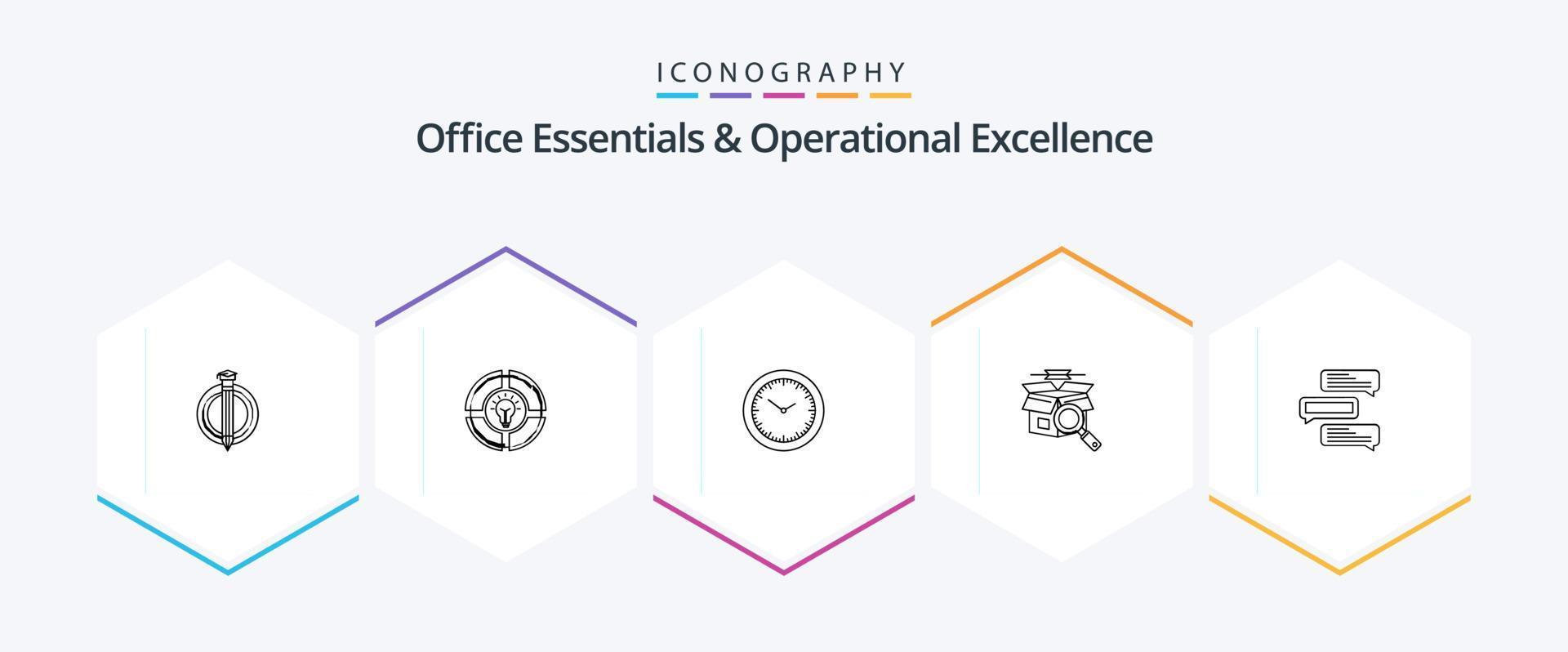 Office Essentials And Operational Exellence 25 Line icon pack including chat. online search. idea. search. timmer vector