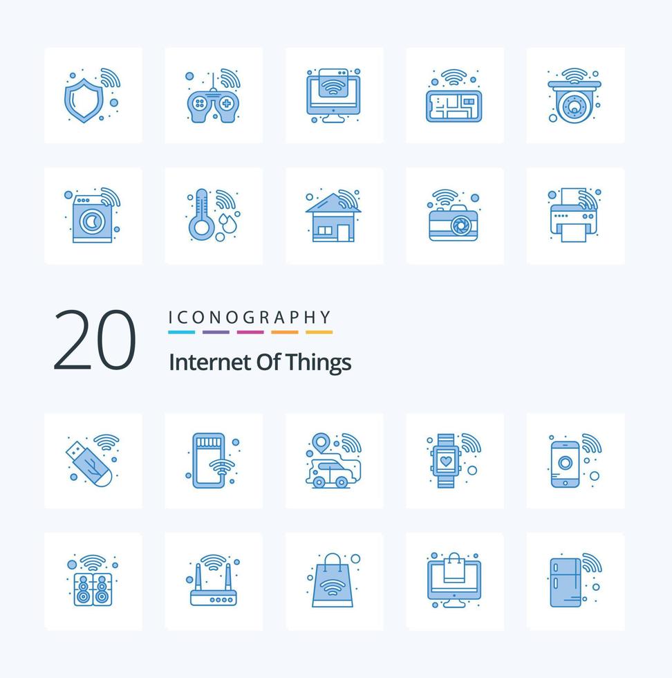 20 Internet Of Things Blue Color icon Pack like smart phone mobile navigation smart watch heart vector