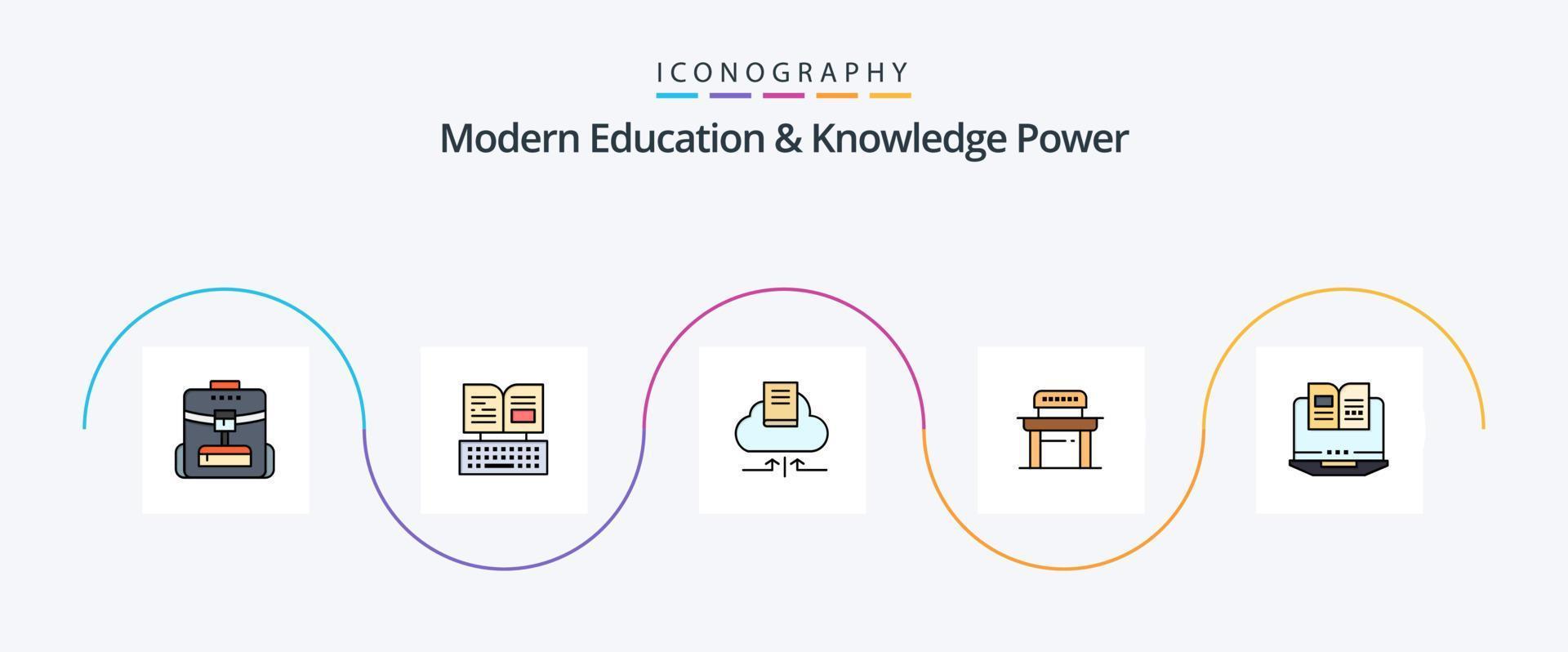 La línea de alimentación de la educación y el conocimiento modernos llenó el paquete de iconos planos 5 que incluye la computadora. escuela. nube. silla. escritorio vector