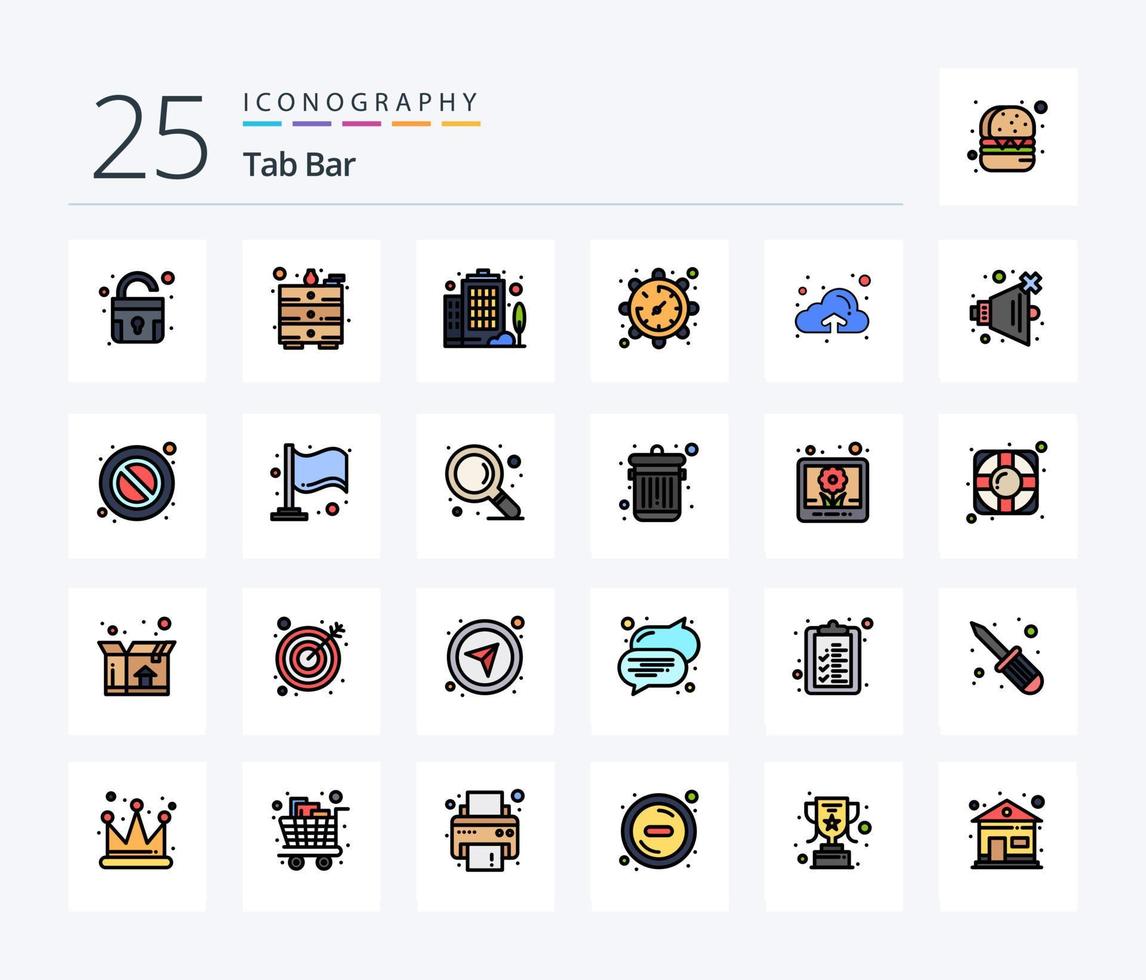 Tab Bar 25 Line Filled icon pack including sound. upload. company. up. watch vector