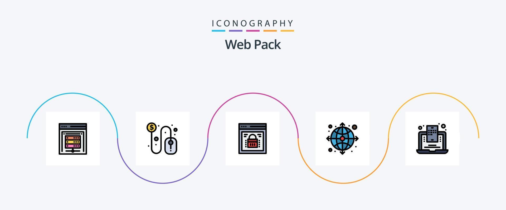 línea de paquete web lleno de paquete de 5 íconos planos que incluye blog móvil. Internet. seguridad de información. globo. seguridad web vector