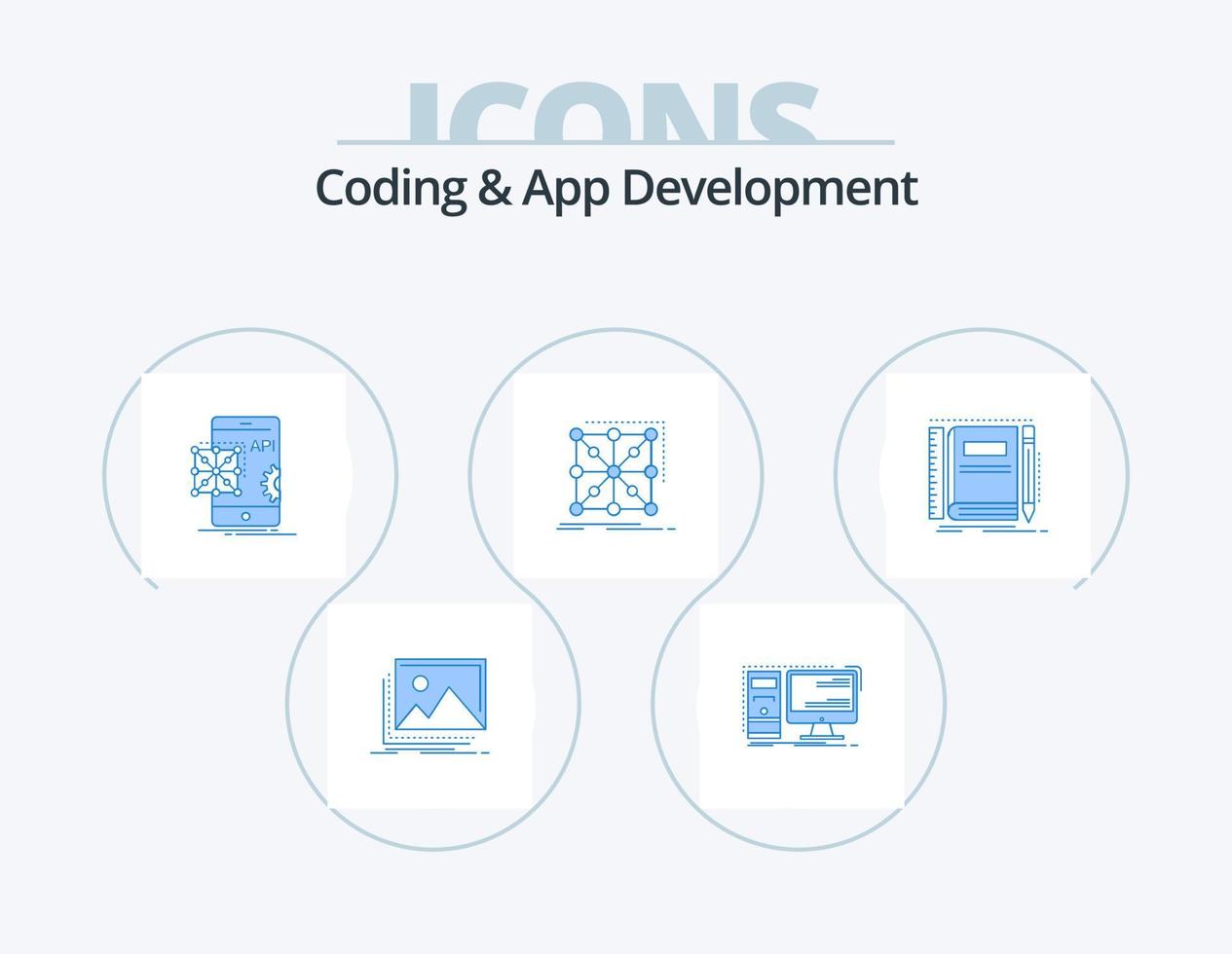 codificación y desarrollo de aplicaciones paquete de iconos azules 5 diseño de iconos. aplicación datos. puesto de trabajo. móvil. codificación vector