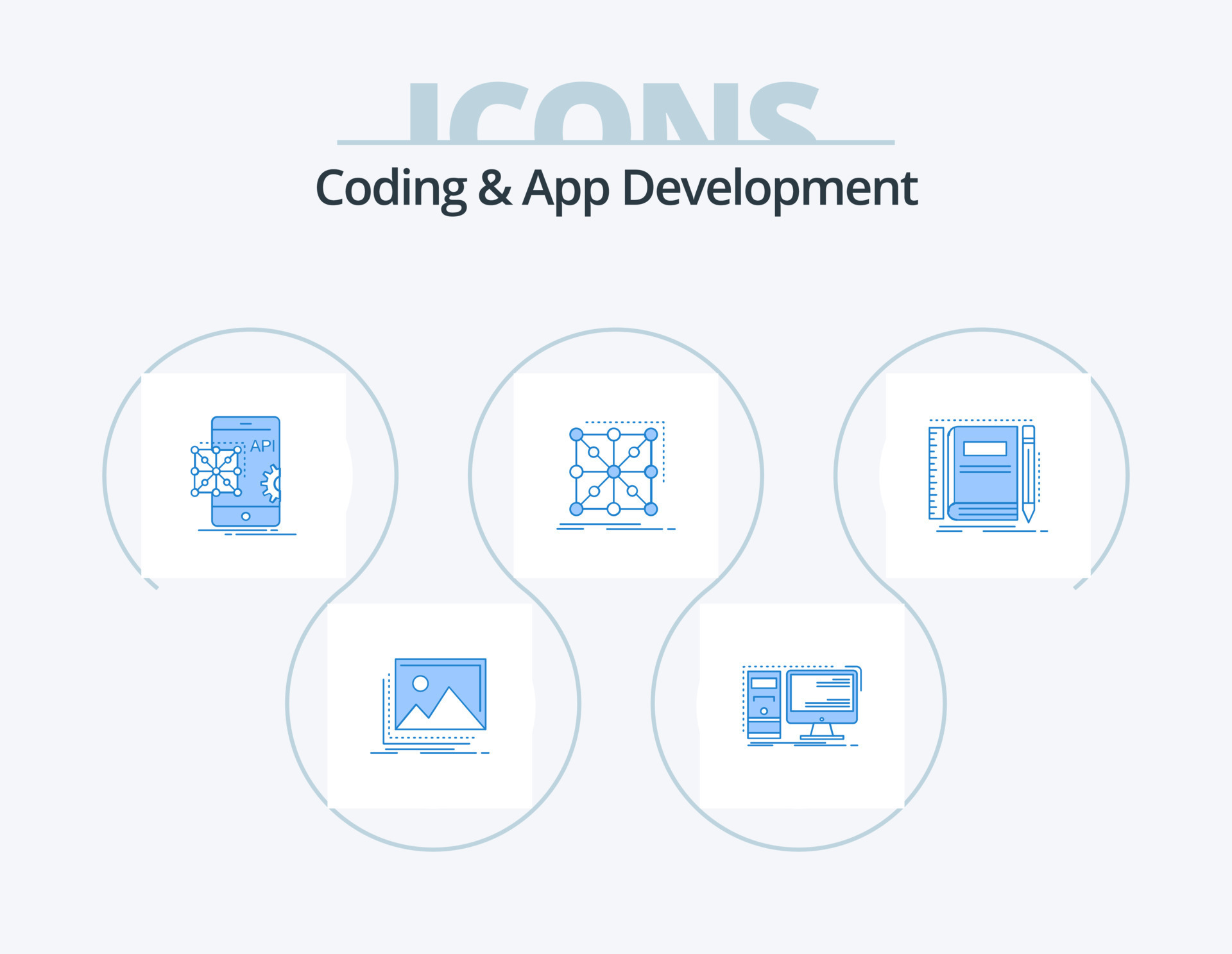Coding And App Development Blue Icon Pack 5 Icon Design. app. data ...