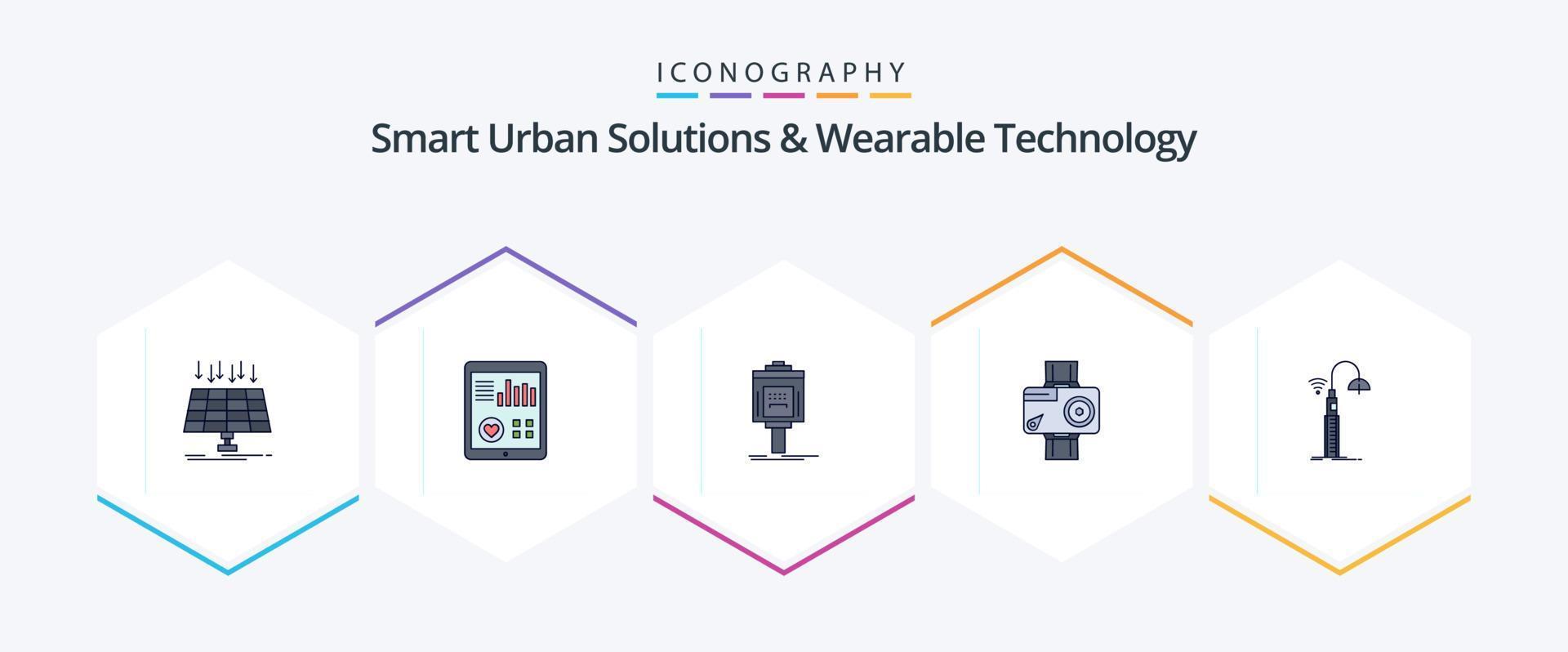 Soluciones urbanas inteligentes y tecnología portátil Paquete de iconos de 25 líneas completas que incluye digital. cámara. legumbres. valle. servicio vector