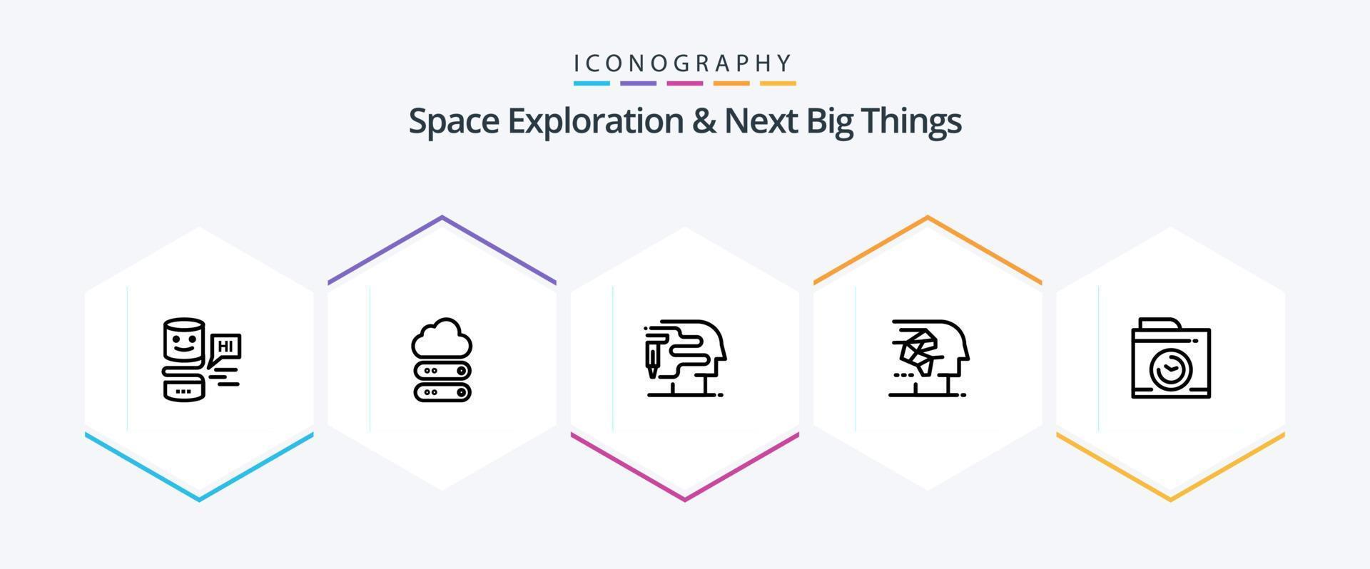 Space Exploration And Next Big Things 25 Line icon pack including image. interface. human. human. artificial vector